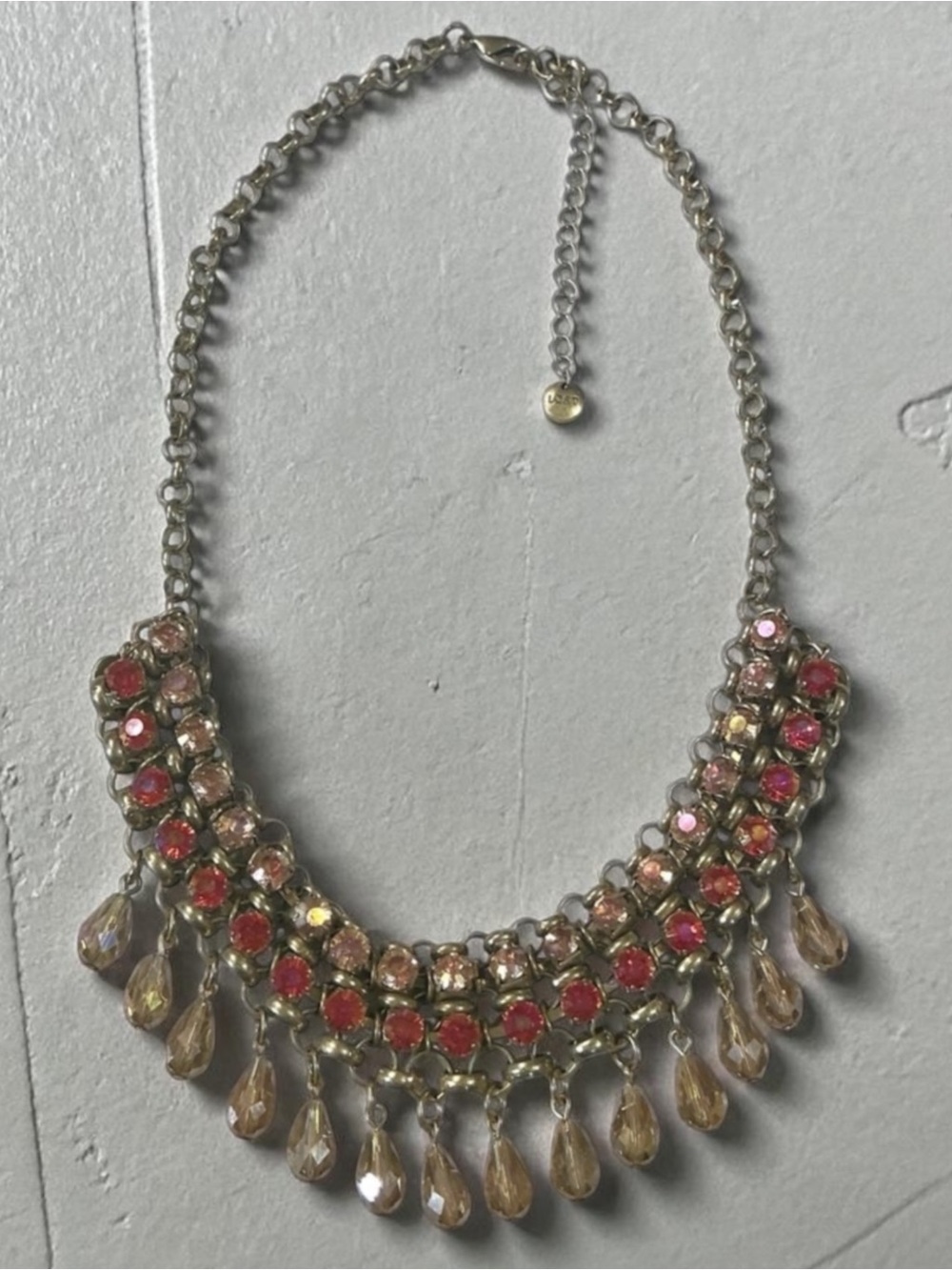 LOFT Iridescent & Pink Rhinestone Statement Necklace with Tiers